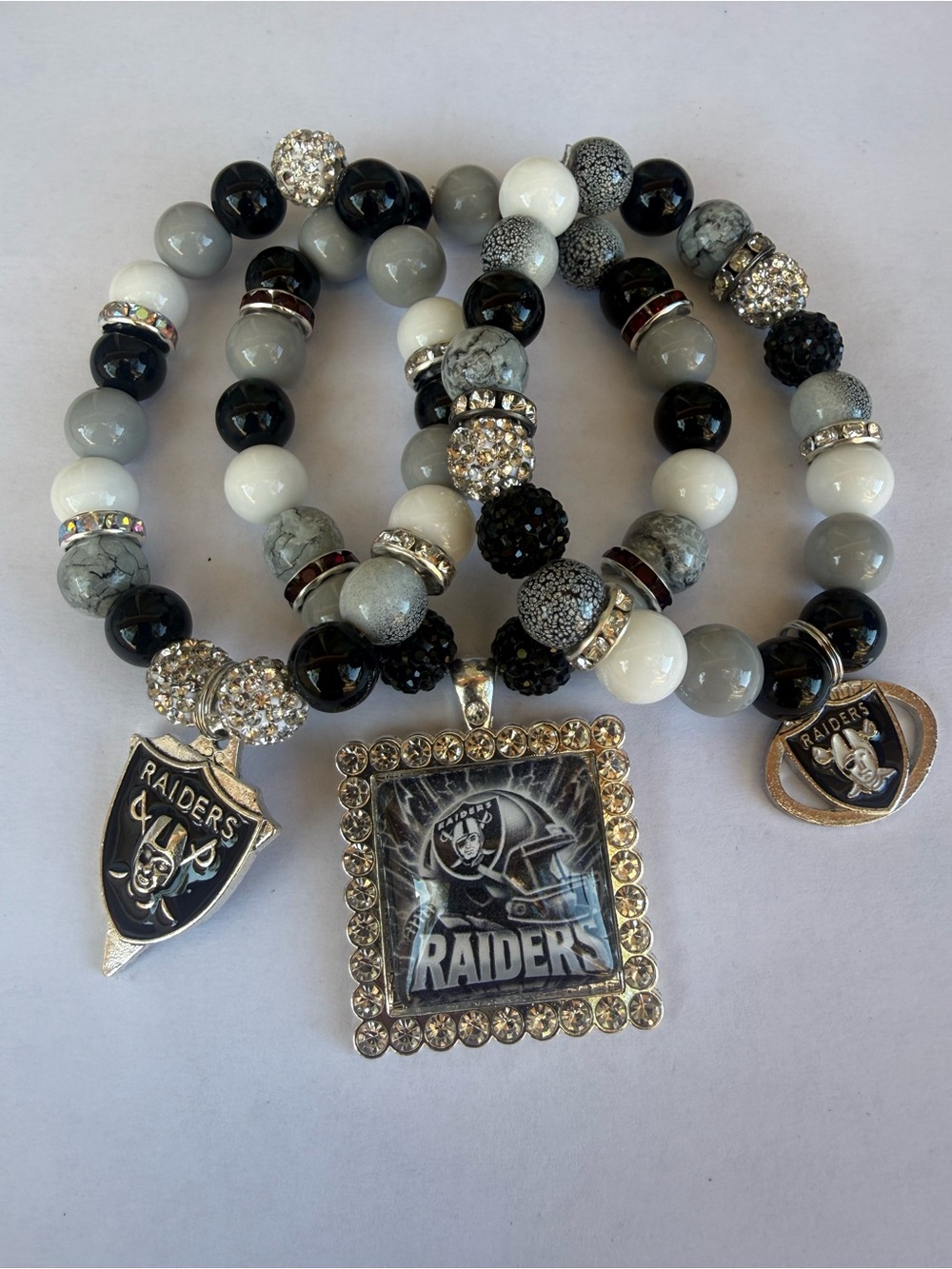 RAIDERS Black & Gray Beaded Charm Bracelet Set
